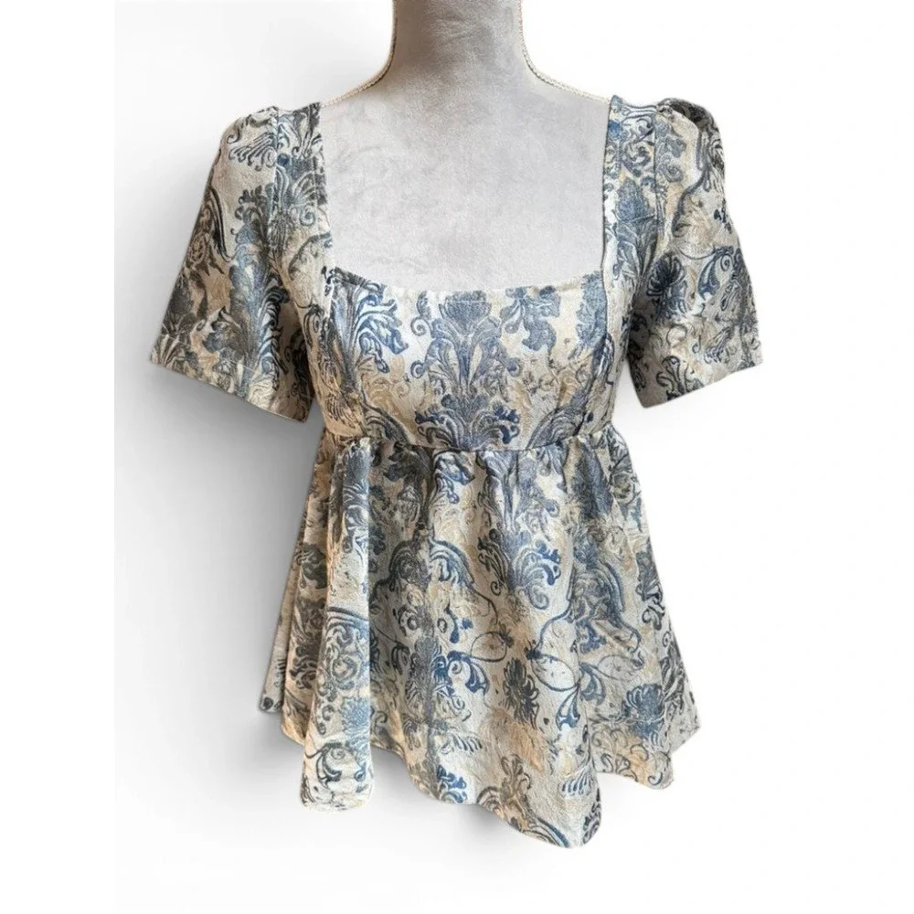 Free People Top Womens S Blue Eloise‎ Jacquard Peplum Blouse Square Neck Brocade
